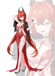 1girl blush breasts cleavage_cutout clothing_cutout cup dress drinking_glass earrings fake_horns fang full_body full_bodycoat glass goddess_of_victory:_nikke high_heels horns jewelry large_breasts long_hair navel open_mouth red_hair red_hood_(nikke) reihaz smile torn_clothes very_long_hair white_background wine_glass yellow_eyes