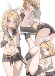 Rule 34 | 1girl, absurdres, aqua eyes, arm tattoo, arm warmers, ass, bare shoulders, bass clef, belt, black leg warmers, black panties, black sailor collar, black shorts, black sleeves, blonde hair, blue eyes, blush, bow, breasts, closed mouth, clothes lift, crop top, detached sleeves, dot mouth, dot nose, elbow rest, expressionless, feet out of frame, from behind, hair bow, hair ornament, hairclip, hands up, headphones, headset, highres, interlocked fingers, kagamine rin, leaning forward, leg warmers, legs up, lifting own clothes, looking at viewer, looking back, lying, midriff, nail polish, navel, neckerchief, number tattoo, on back, open clothes, open shorts, own hands clasped, own hands together, panties, panty peek, pantyshot, parallel hairclips, sailor collar, scarlet (wv0102), school uniform, shirt, shirt lift, short hair, shorts, simple background, sleeveless, sleeveless shirt, solo, standing, tattoo, treble clef, underwear, vocaloid, white background, white bow, white panties, white shirt, yellow nails, yellow neckerchief