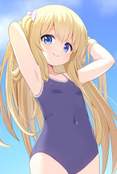1girl armpits arms_behind_head arms_up blonde_hair blue_eyes blue_one-piece_swimsuit breasts cloud covered_navel hands_in_own_hair highres long_hair mogura2009 one-piece_swimsuit original outdoors ribbon school_swimsuit sky small_breasts smile solo swimsuit
