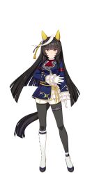 Rule 34 | 1girl, animal ears, black hair, blunt bangs, calstone light o (umamusume), ear covers, full body, game model, gloves, highres, horse ears, horse girl, horse tail, long hair, long sleeves, looking at viewer, multicolored hair, official art, puffy long sleeves, puffy sleeves, simple background, solo, striped hair, tail, thigh strap, two-tone hair, umamusume, white background, white gloves, yellow eyes