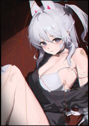 1girl absurdres bandage_on_face bandage_on_knee bandages black_choker blue_archive blue_eyes blue_halo bow bra choker crack cracked_glass hair_bow halo highres long_hair lovelyme miyako_(blue_archive) open_mouth side_ponytail solo strap_slip underwear white_bra