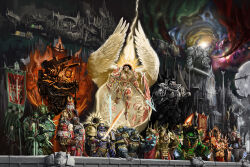 absurdres adeptus_astartes adeptus_custodes adeptus_mechanicus alpharius armor belisarius_cawl blood blood_angels blood_drop constantin_valdor corvus_corax_(warhammer) dark_angels ferrus_manus fire flaming_sword flaming_weapon high_ponytail highres imperial_fists imperium_of_man iron_hands_(warhammer) jaghatai_khan kim_chan legion_of_the_damned leman_russ lion_el&#039;jonson living_saint oversized_wings ponytail power_armor primarch raven_guard roboute_guilliman rogal_dorn salamanders_(warhammer) sanguinius space_wolves sword terminator_armor the_phalanx_(warhammer) the_rock_(warhammer_40k) ultramarines vulkan warhammer_40k weapon white_scars wings