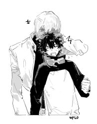 2boys bandaid bandaid_on_face dark_skin greyscale hair_between_eyes hand_on_another&#039;s_head highres jacket kekkai_sensen long_sleeves male_focus monochrome multiple_boys open_mouth qyzhiaiyisheng short_hair simple_background turtleneck white_background