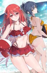Rule 34 | 2girls, alternate costume, ass, ball, bare legs, bare shoulders, beach, beachball, bikini, bikini skirt, blue hair, blush, braid, breasts, brown eyes, closed mouth, collarbone, cordelia (fire emblem), cordelia (knight paradise) (fire emblem), crown braid, day, fire emblem, fire emblem awakening, fire emblem fates, fire emblem heroes, hair between eyes, hair ornament, high ponytail, highres, holding, holding ball, holding beachball, long hair, looking at viewer, medium breasts, multiple girls, navel, nintendo, oboro (fire emblem), official alternate costume, open mouth, orange bikini, outdoors, ponytail, red bikini, red eyes, red hair, sideboob, skindentation, small breasts, smile, stomach, swimsuit, teeth, thighs, toned, toned female, very long hair, water, water drop, wing hair ornament, winged hair ornament, yellow bikini, yuuri (orz commushows)