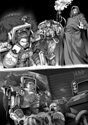 1boy 2girls armor black_background breastplate chain full_armor gauntlets genderswap genderswap_(mtf) greyscale highres holding holding_staff horus_lupercal jaghatai_khan luna_wolves malcador_the_sigillite monochrome multiple_girls pelt power_armor primarch robe ryuusei_(mark_ii) sad scar scar_on_face signature skull smile staff sweat sweatdrop tears terminator_armor twitter_logo twitter_username warhammer_40k white_armor