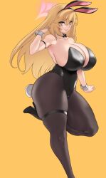 1girl alternate_breast_size alternate_costume animal_ears aster_crowley bare_shoulders black_leotard blonde_hair blue_archive blush bow bowtie breasts brown_eyes brown_pantyhose cleavage collarbone detached_collar fake_animal_ears halo high_heels highleg highleg_leotard highres huge_breasts leotard long_hair looking_at_viewer pantyhose playboy_bunny rabbit_ears rabbit_tail shokuhou_misaki sideboob smile solo sparkling_eyes symbol-shaped_pupils tail thick_thighs thighs toaru_kagaku_no_railgun toaru_majutsu_no_index wrist_cuffs yellow_background