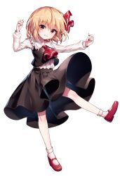1girl absurdres ascot black_skirt black_vest blonde_hair collared_shirt commentary frilled_shirt_collar frills full_body grin hair_ribbon highres long_sleeves looking_at_viewer mary_janes pudding_(skymint_028) red_ascot red_eyes red_nails red_ribbon red_shoes ribbon rumia shirt shoes short_hair simple_background skirt smile socks solo standing standing_on_one_leg touhou vest white_background white_shirt white_socks