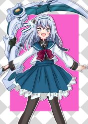 +_+ 1girl :d absurdres argyle_border assault_lily black_pantyhose black_shirt blue_eyes blue_hairband blue_ribbon blue_sailor_collar blue_skirt blush border bow bowtie commentary ebisu_nobu feet_out_of_frame frilled_skirt frills grey_border grey_hair hair_between_eyes hair_ribbon hairband hands_up herensuge_girls_academy_school_uniform high-waist_skirt highres holding holding_scythe holding_weapon long_hair long_sleeves looking_at_viewer miniskirt neck_ribbon open_mouth outside_border outstretched_arms pantyhose pink_background pleated_skirt red_bow red_bowtie ribbon sailor_collar school_uniform scythe serafuku shirt simple_background skirt smile solo standing tsuboi_nanaho two-tone_hairband v-shaped_eyebrows weapon white_border white_hairband white_ribbon