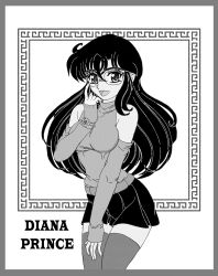 1girl absurdres bare_shoulders border breasts cartoon_network character_name cowboy_shot dc_comics dc_super_hero_girls diana_prince glasses grey_border greyscale highres legs_together long_hair long_sleeves medium_breasts miniskirt monochrome simple_background skirt sleeves_past_wrists solo standing thighhighs wonder_woman zettai_ryouiki