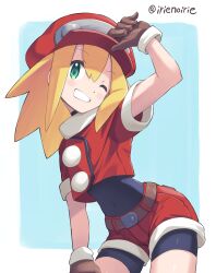 1girl absurdres adjusting_clothes adjusting_headwear belt black_bodysuit blonde_hair blush bodysuit bodysuit_under_clothes brown_gloves covered_navel cropped_jacket gloves green_eyes hair_between_eyes hat highres irie_keisuke_(handn) jacket long_hair looking_at_viewer mega_man_(series) mega_man_legends_(series) navel newsboy_cap one_eye_closed red_hat red_jacket red_shorts roll_caskett_(mega_man) short_sleeves shorts simple_background smile solo twitter_username