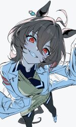 1girl :p agnes_tachyon_(umamusume) animal_ears artist_request close-up highres looking_at_viewer red_eyes shadow simple_background sleeves_past_wrists sweater_vest tagme tail tongue tongue_out umamusume white_background
