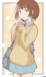 1girl ayase_fuuka bag bob_cut border brown_eyes brown_hair eyebrows female_focus looking_at_viewer lowres miniskirt niea oekaki school_bag school_uniform skirt solo thick_eyebrows white_border yotsubato!