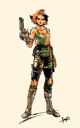 Rule 34 | 1girl, arm at side, bare shoulders, belt, boots, breasts, cleavage, desert eagle, fingerless gloves, flipped hair, full body, gloves, gun, handgun, highres, holding, holding gun, holding weapon, holster, knee pads, medium breasts, meryl silverburgh, metal gear (series), metal gear solid, official art, red hair, shinkawa youji, short hair, smile, solo, standing, tank top, thigh holster, thigh strap, trigger discipline, weapon