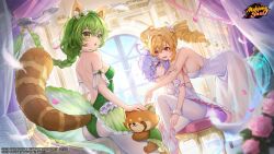 3girls absurdres artist_request ass_rest athletic_leotard back backless_leotard ballerina ballet ballet_slippers blonde_hair breasts copyright_logo cross-shaped_pupils curtains day dress drill_hair falling_feathers feathers flower green_eyes green_hair highres hug indoors knee_up large_breasts leotard light_smile long_braid looking_at_viewer mahjong_soul mirai_(mahjong_soul) multiple_girls official_art on_stool open_mouth pantyhose purple_eyes purple_hair red_eyes red_panda red_panda_ears red_panda_girl red_panda_tail rose sitting small_breasts stool suzumiya_anju symbol-shaped_pupils white_dress white_pantyhose window wristband yuzu_(mahjong_soul)