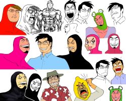 Rule 34 | abs, animal hood, animification, binej yeah, black bodysuit, blue shirt, bodysuit, brown hair, facial hair, filthy frank, frog hood, glasses, highres, hood, large pectorals, lemon (filthyfrank), male focus, meme, multiple boys, muscular, muscular male, open mouth, pectorals, pink bodysuit, pink guy, prometheus (filthyfrank), red dick, safari man, salamander man, shirt, sideburns, topless male, tvfilthyfrank
