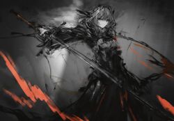 1girl absurdres arknights closed_mouth commentary dress embers english_commentary expressionless grey_background greyscale highres holding holding_sword holding_weapon horns huge_weapon long_sleeves looking_at_viewer medium_hair monochrome orange_theme sketch solo spot_color sword talulah_(arknights) tuda6 weapon
