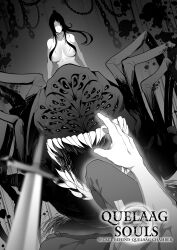 1boy 1girl arachne arthropod_girl arthropod_limbs black_hair blurry blurry_foreground breasts centauroid chain chaos_witch_quelaag character_name commentary dark_souls_(series) dark_souls_i english_commentary extra_eyes extra_mouth facing_viewer fangs greyscale hair_censor hair_over_breasts highres hukii insect_girl large_breasts long_hair monochrome monster monster_girl nipple_slip nipples open_mouth outer_glow pov shaded_face sharp_teeth solo_focus spider_girl splatter_background sword taur teeth topless_female weapon