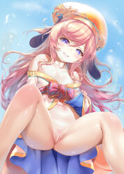 1girl absurdres ayakashi_rumble! bar_censor bare_shoulders beret blue_eyes breasts brown_hair censored cleft_of_venus commission ebisu_(ayakashi_rumble!) grin hat highres loli long_hair looking_at_viewer nironiro no_panties off-shoulder_shirt off_shoulder pixiv_commission pussy shirt small_breasts smile solo