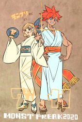1boy 1girl arthur_(monster_strike) blue_eyes brown_background character_request commentary_request copyright_name full_body geta hand_fan hands_on_own_hips highres holding holding_fan japanese_clothes kimono looking_at_viewer monster_strike obi orange_hair red_smydra sash short_hair simple_background smile sparkle takeuchi_ryousuke wide_sleeves