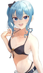 1girl :d bare_arms belt bikini bikini_under_clothes black_belt black_bikini black_bow blue_eyes blue_hair bow breasts cleavage collarbone front-tie_bikini_top front-tie_top hair_between_eyes hair_bow halterneck highres hololive hoshimachi_suisei looking_at_viewer medium_breasts navel no_shirt open_mouth sasai_tuki shorts side_ponytail simple_background smile solo strap_gap string_bikini swimsuit upper_body virtual_youtuber white_background