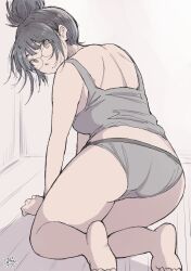 1girl all_fours ass bad_feet barefoot black_hair brown_eyes glasses grey_panties grey_shirt hadashi_no_kenji hair_bun highres indoors looking_at_viewer looking_back original panties shirt short_hair single_hair_bun solo underwear