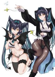 1girl absurdres alternate_costume aqua_hair artist_name black_hair black_nails blush boots breasts cleavage clothes_lift colored_inner_hair cross demon_girl goddess_of_victory:_nikke groin hair_between_eyes hair_intakes highleg highleg_panties highres knee_boots little_mermaid_(nikke) long_hair long_sleeves looking_at_viewer multicolored_hair multiple_views navel nun open_mouth panties pantyhose pantyshot ramuneogura showgirl_skirt sidelocks skirt skirt_lift solo twintails underwear very_long_hair white_background wristband yellow_eyes