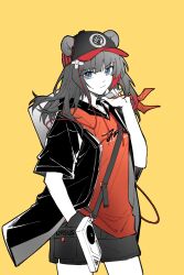 1girl animal_ears arknights bandaid bandaid_on_head black_hair black_hat black_jacket black_shorts blue_eyes chinese_commentary closed_mouth commentary_request cowboy_shot crossed_bandaids drawstring ears_through_headwear hand_in_pocket hat highres holding hood hood_down hoodie jacket long_hair looking_at_viewer multicolored_hair official_alternate_costume orange_hoodie partial_commentary peaked_cap piaoliu_ping_ping_ping_pingzi radio red_hair red_pupils short_shorts short_sleeves shorts simple_background solo standing streaked_hair yellow_background zima_(arknights) zima_(ursus)_(arknights)