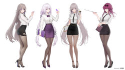 4girls alternate_costume black_necktie black_shoes black_skirt book bow bowtie breasts bug butterfly butterfly_on_hand caelus_(honkai:_star_rail) castorice_(honkai:_star_rail) cellphone chalk character_sticker clipboard closed_mouth collared_shirt commentary dual_persona full_body grey_hair grey_pantyhose hair_ribbon herta_(honkai:_star_rail) high_heels highres holding holding_book holding_chalk holding_clipboard holding_phone holding_pointer honkai:_star_rail honkai_(series) insect kafka_(honkai:_star_rail) long_hair long_sleeves looking_at_another looking_at_viewer medium_breasts multiple_girls necktie office_lady pantyhose phone pointer pointy_ears ponytail purple_bow purple_bowtie purple_butterfly purple_eyes purple_hair purple_ribbon purple_shoes purple_skirt ribbon shirt shoes short_sleeves side_slit sidelocks simple_background skirt smartphone smile the_herta_(honkai:_star_rail) toes trailblazer_(honkai:_star_rail) very_long_hair white_background white_shirt yunkaiming