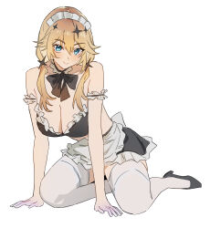 1girl blonde_hair blue_eyes blush bow breasts hair_between_eyes highres kaneko_lumi large_breasts long_hair looking_at_viewer maid phase_connect shouz simple_background smile solo thighhighs virtual_youtuber white_background