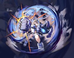 1girl :t bare_legs bare_shoulders blonde_hair blue_eyes blue_hair blue_shoes breasts chest_harness closed_mouth covered_navel english_text full_body glowing glowing_eyes hair_between_eyes hair_ornament hairclip harness highleg highleg_leotard highres leotard long_hair looking_at_viewer mechanical_arms medium_breasts morros multicolored_hair multicolored_leotard multicolored_shoes original pouch power_fist powering_up shoes sneakers solo streaked_hair taut_leotard tekkou-chan_(morros) thigh_pouch thigh_strap triangle_hair_ornament twintails two-tone_hair two-tone_leotard two-tone_shoes white_shoes white_sneakers zoom_layer