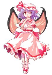 1girl :o bat_wings bow bow_skirt cape collar collared_shirt commentary_request dairi floating_clothes floating_hair footwear_bow frilled_collar frilled_skirt frilled_sleeves frilled_socks frills full_body hand_on_own_chin hand_on_own_elbow hat hat_ribbon large_variant_set long_skirt looking_at_viewer medium_hair mob_cap open_mouth pink_hat pink_shirt pink_shoes pink_skirt pink_socks purple_hair raised_eyebrows red_bow red_cape red_eyes red_ribbon remilia_scarlet ribbon ribbon-trimmed_skirt ribbon_trim shirt shoes short_sleeves simple_background skirt sleeve_bow sleeve_ribbon socks solo standing straight-on surprised tachi-e touhou transparent_background variant_set waist_cape wings wrist_cuffs