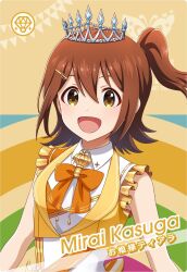1girl bow bowtie brown_hair english_text flag frills idol_clothes idolmaster idolmaster_million_live! idolmaster_tours japanese_text kasuga_mirai official_art open_mouth side_ponytail solo tiara yellow_eyes