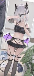 1girl bikini black_bikini black_horns black_sleeves blue_eyes blue_nails blush cellphone choker commentary_request demon_tail demon_wings detached_sleeves feet_out_of_frame fishnet_thighhighs fishnets frilled_bikini frills ghost_hair_ornament grey_hair grey_thighhighs hair_ornament heart highres holding holding_phone horns indoors kaga_sumire looking_at_viewer low_wings mirror_selfie nakashima_(pluscolor) navel phone see-through_clothes see-through_sleeves selfie short_hair smartphone solo standing swimsuit tail thighhighs virtual_youtuber vspo! wings x_hair_ornament