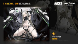 1girl artist_request black_horns black_liquid black_nails card_game fangs forehead goddess_of_victory:_nikke highres horns korean_text leviathan_(nikke) liquid_clothes official_art piercing pointy_ears pubic_tattoo solo tattoo tongue_piercing translation_request
