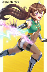 1boy androgynous artist_name ass bare_shoulders blush bodysuit brown_hair electricity fingerless_gloves foreshortening gloves green_leotard huge_ass impossible_clothes impossible_leotard leotard long_hair looking_at_viewer nipples pink_eyes reaching reaching_towards_viewer revealing_clothes sametare36 see-through_clothes see-through_leotard shiny_clothes skin_tight solo taimanin_(series) taimanin_rpgx trap uehara_shikanosuke very_long_hair wide_hips
