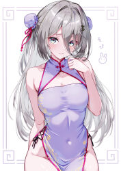1girl absurdres arm_behind_back bare_shoulders breasts bun_cover cagasyo china_dress chinese_clothes cleavage cleavage_cutout closed_mouth clothing_cutout commentary_request covered_navel cross-laced_slit double_bun dress furrowed_brow grey_hair groin hair_bun hair_intakes hair_ornament hair_ribbon hand_up highres light_blush long_bangs long_dress long_hair looking_at_viewer mandarin_collar medium_breasts mole mole_under_eye mole_under_mouth multiple_moles nijisanji one_side_up pink_trim purple_dress ribbon side_slit sleeveless sleeveless_dress solo sophia_valentine virtual_youtuber