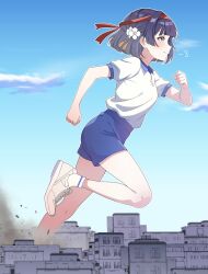 1girl blue_pants blue_sky building city cloud day gakuen_idolmaster giant giantess hair_ornament hataya_misuzu headband highres idolmaster outdoors pants purple_hair running running_shoes shirt short_hair short_sleeves sky smile socks solo toxic_pter track_pants white_shirt white_socks