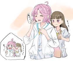 Rule 34 | 2girls, ahoge, anyoji hime, blue eyes, blush, braid, brown hair, center-flap bangs, chesto (phrase), closed mouth, dress, expressive hair, food, grey dress, hasu no sora school uniform, highres, holding, holding food, hood, hooded jacket, hot, jacket, kachimachi kosuzu, kisaragi yukitora, link! like! love live!, long hair, love live!, multiple girls, neckerchief, nose blush, object to cheek, open clothes, open jacket, open mouth, papico (ice cream), pink eyes, pink hair, pleated dress, sailor collar, sailor dress, school uniform, side braids, smile, speech bubble, summer uniform, three-quarter sleeves, translation request, v-shaped eyebrows, virtual youtuber, white jacket, white sailor collar, yellow neckerchief