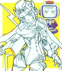 1girl artist_name blunt_bangs cape closed_mouth genshin_impact hair_ornament hair_up head_tilt headpiece highres hood hood_down humanoid_robot ineffa_(genshin_impact) joints looking_at_viewer partially_colored robot robot_girl robot_joints signature solo yellow_background yordanrkgk