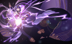 1girl absurdres armor braid braided_ponytail breasts bridal_gauntlets electricity flower full_body genshin_impact gloves hair_flower hair_ornament highres holding holding_sword holding_weapon human_scabbard japanese_clothes katana kimono large_breasts long_hair long_sleeves mitsudomoe_(shape) mole mole_under_eye musou_isshin_(genshin_impact) obi obiage obijime one_eye_closed open_mouth platform_sandals purple_eyes purple_gloves purple_hair purple_kimono purple_thighhighs raiden_shogun sandals sash shoulder_armor single_braid solo sword tassel thighhighs tomoe_(symbol) very_long_hair weapon yin_lan_xue