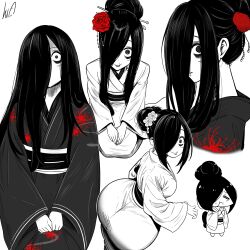 1girl absurdres ass bags_under_eyes black_hair black_kimono dress eating floral_print flower food ghost_girl hair_ornament hair_over_eyes hair_over_face hair_over_one_eye hairpin highres huge_ass japanese_clothes kimono long_hair looking_at_viewer lughost obi onigiri red_flower red_rose rose sash solo spider_lily the_ring yamamura_sadako