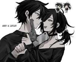 Rule 34 | 1boy, 1girl, andrew graves (the coffin of andy and leyley), ashley graves, black choker, black hair, black shirt, black sweater, breasts, brother and sister, choker, cleavage, green eyes, gun, handgun, highres, holding, holding gun, holding knife, holding weapon, knife, low ponytail, medium breasts, medium hair, pink eyes, ponytail, revolver, seirara, shirt, siblings, simple background, sweater, the coffin of andy and leyley, weapon, white background