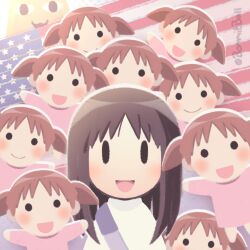&lt;o&gt;_&lt;o&gt; :d america_ya_(meme) american_flag arms_at_sides artist_name azumanga_daiou blush bommitball brown_hair chibi chibi_only clone commentary dress english_commentary flag_background highres kasuga_ayumu medium_hair meme mihama_chiyo mihama_chiyo&#039;s_father open_mouth orange_hair outline outstretched_arms peeking_out pink_dress scene_reference shirt short_twintails signature smile solid_circle_eyes star_(symbol) strap too_many_clones twintails twitter_username white_outline white_shirt |_|