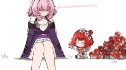 Rule 34 | 6+girls, angel wings, black gloves, black hairband, breasts, celinepizza, chibi, cleavage, coat, commentary, cyrene (honkai: star rail), dress, english commentary, english text, gloves, hair ornament, hair over eyes, hairband, head wreath, highres, honkai: star rail, honkai (series), multiple girls, open mouth, pointy ears, purple coat, red hair, short hair, simple background, sitting, trianne (honkai: star rail), tribbie (honkai: star rail), trinnon (honkai: star rail), white background, white dress, wings