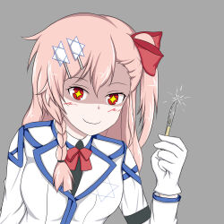 1girl absurdres bow braid girls&#039;_frontline gloves grey_background hair_between_eyes hair_bow hair_ornament hair_ribbon hairclip hexagram highres holding_scalpel iam_(nt_replicate) jacket looking_at_viewer negev_(girls&#039;_frontline) one_side_up pink_hair red_bow red_eyes ribbon scalpel simple_background smile solo star_of_david white_gloves white_jacket
