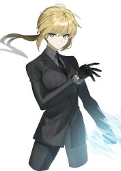 1girl artoria_pendragon_(fate) black_gloves black_jacket black_necktie black_pants black_suit blue_eyes bracelet closed_mouth collared_shirt commentary cropped_legs expressionless eyes_visible_through_hair fate/zero fate_(series) formal_clothes gloves grey_shirt hair_between_eyes hand_up highres invisible_air_(fate) jacket jewelry jitome lapels long_hair long_sleeves looking_at_viewer low_ponytail necktie notched_lapels pants ponytail shirt sidelocks simple_background solo suit tokoni_fusu white_background wing_collar