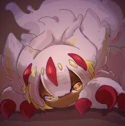 Rule 34 | 1girl, blonde hair, claws, dark skin, faputa, fewer digits, highres, horns, lying, made in abyss, monster girl, multicolored hair, on stomach, open mouth, red claws, red horns, ringi kinoko, solo, twitter username, upturned eyes, very dark skin, white fur, white hair, yellow eyes