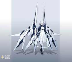 1girl absurdres breasts cleavage cleavage_cutout clothing_cutout dress full_body grey_background grey_hair hair_over_one_eye halo highres jhcrow3 juliet_sleeves large_breasts long_sleeves looking_at_viewer mecha_musume mechanical_halo mechanical_wings multicolored_hair original puffy_sleeves science_fiction shadow short_hair shrug_(clothing) solo white_dress white_hair wings