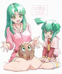 2girls :d collarbone duel_monster green_eyes green_hair highres jacket jewelry kuribon long_hair looking_at_viewer luca_(yu-gi-oh!) lunapont multiple_girls necklace open_clothes open_jacket open_mouth pink_jacket pink_shirt pink_shorts red_shirt shirt shorts sitting smile time_paradox twintails wariza white_background yellow_eyes yu-gi-oh! yu-gi-oh!_5d&#039;s