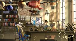 1boy aircraft black_eyes black_hair blue_butterfly bookshelf bug butterfly desk_lamp dirigible falling_petals grey_shirt hair_between_eyes highres holding holding_paintbrush insect lamp light_particles light_rays long_sleeves map original paintbrush painting_(object) petals picture_frame planet plant potted_plant ryepe shirt short_hair solo test_tube